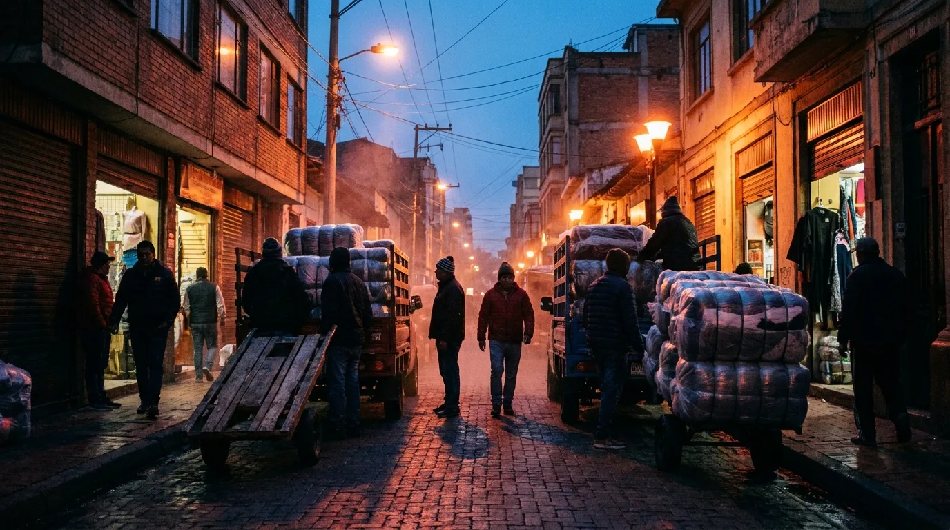 Comerciantes cargando bultos de ropa antes del amanecer en el centro de Bogotá